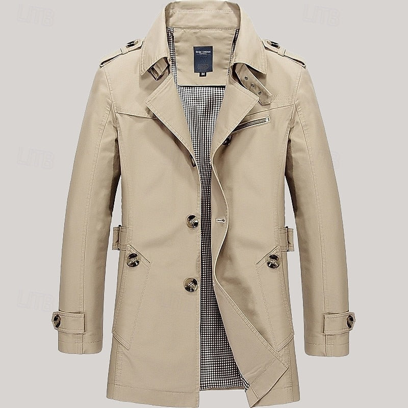 Men's Three-Season Trench Coat with Button Front and Lapel Collar
