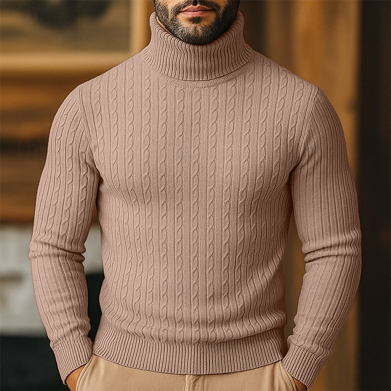 Men's Twisted-Cable Rolled-Neck Sweater in a Slim Cut - Coffee