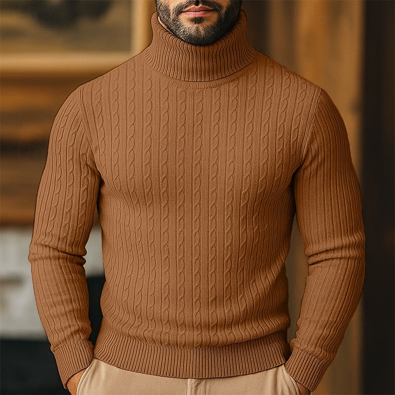 Men's Twisted-Cable Rolled-Neck Sweater in a Slim Cut - Brown