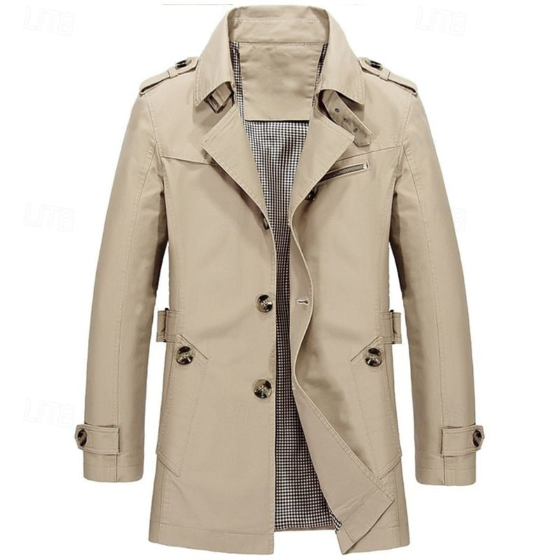 Men's Three-Season Trench Coat with Button Front and Lapel Collar - Beige