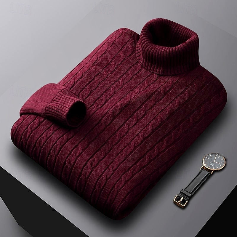 Men's Dense Cable-Knit Turtleneck Sweater with Ribbed Collar - Burgundy