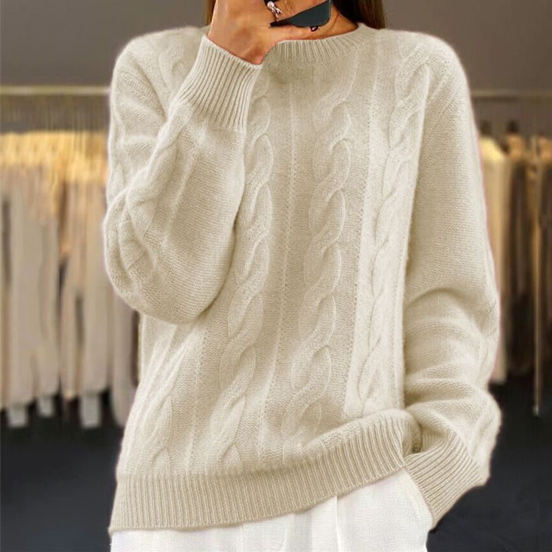 Women's Textured Cable-Knit Crew Neck Sweater in a Roomy Fit - Beige