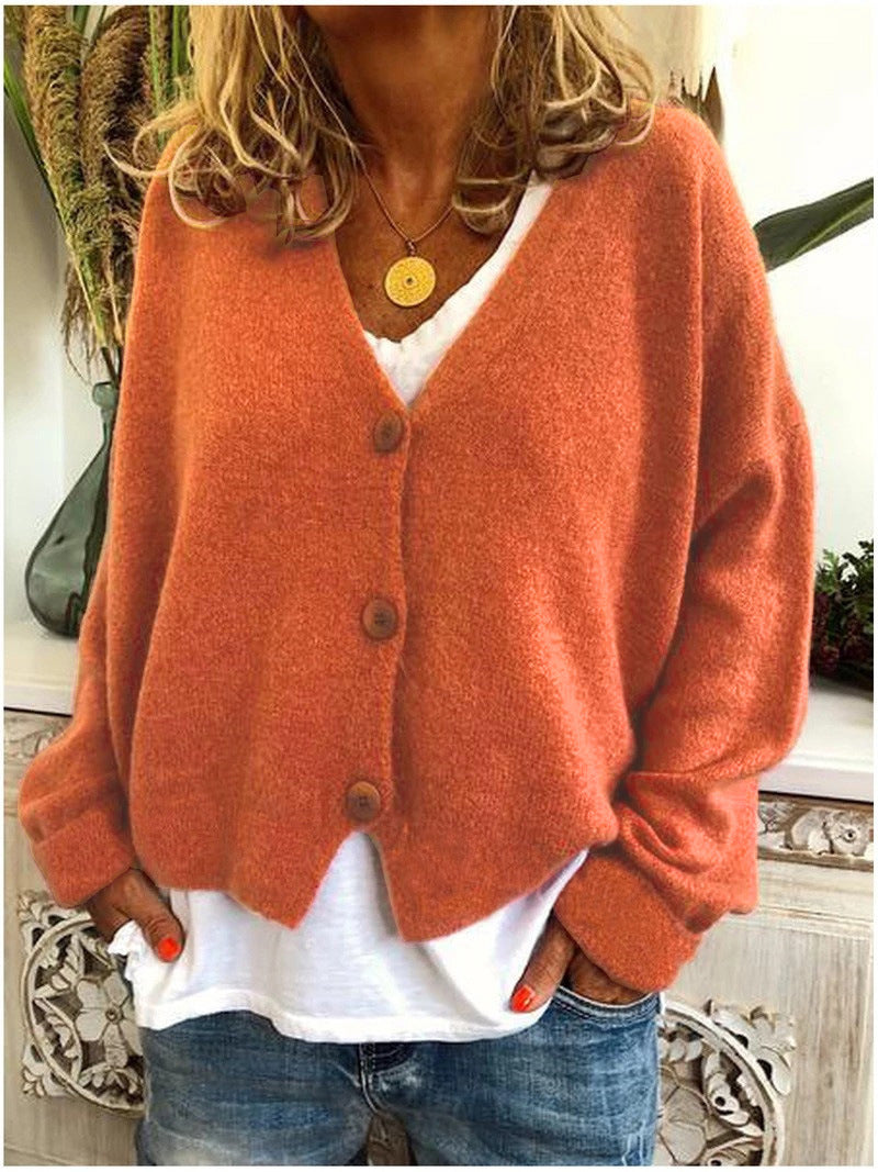 Women's Everyday V-Neck Button Cardigan in Relaxed Knit - Orange