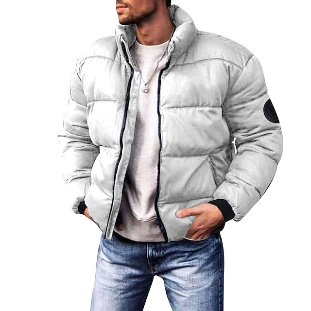 Men's Stand-Collar Quilted Zip Puffer in a Short Cut - Light Gray
