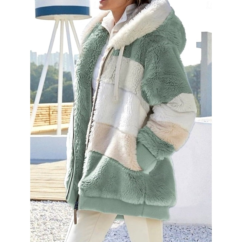 Women's Hooded Plush Zip Jacket with Hand-Warmer Pockets - Green