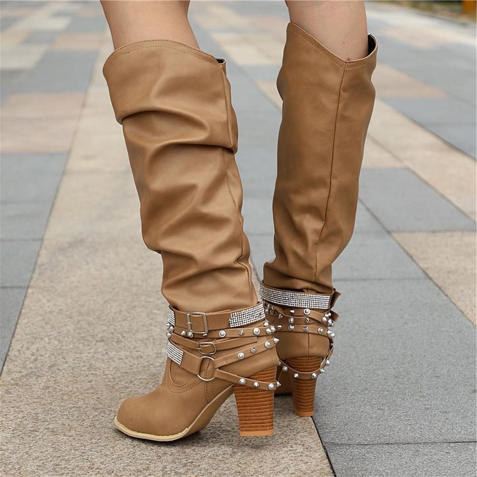 Women's Gathered Leather Slouch Boots with Chain and Stud Straps