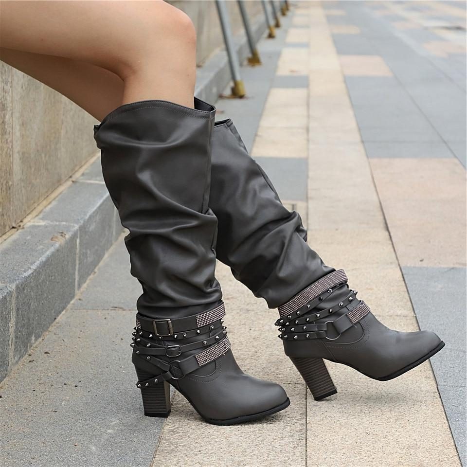 Women's Gathered Leather Slouch Boots with Chain and Stud Straps