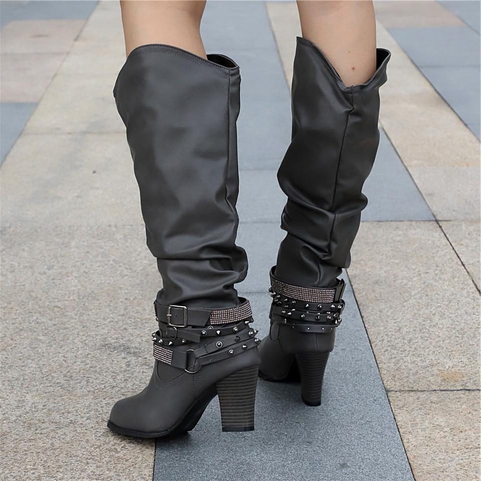 Women's Gathered Leather Slouch Boots with Chain and Stud Straps