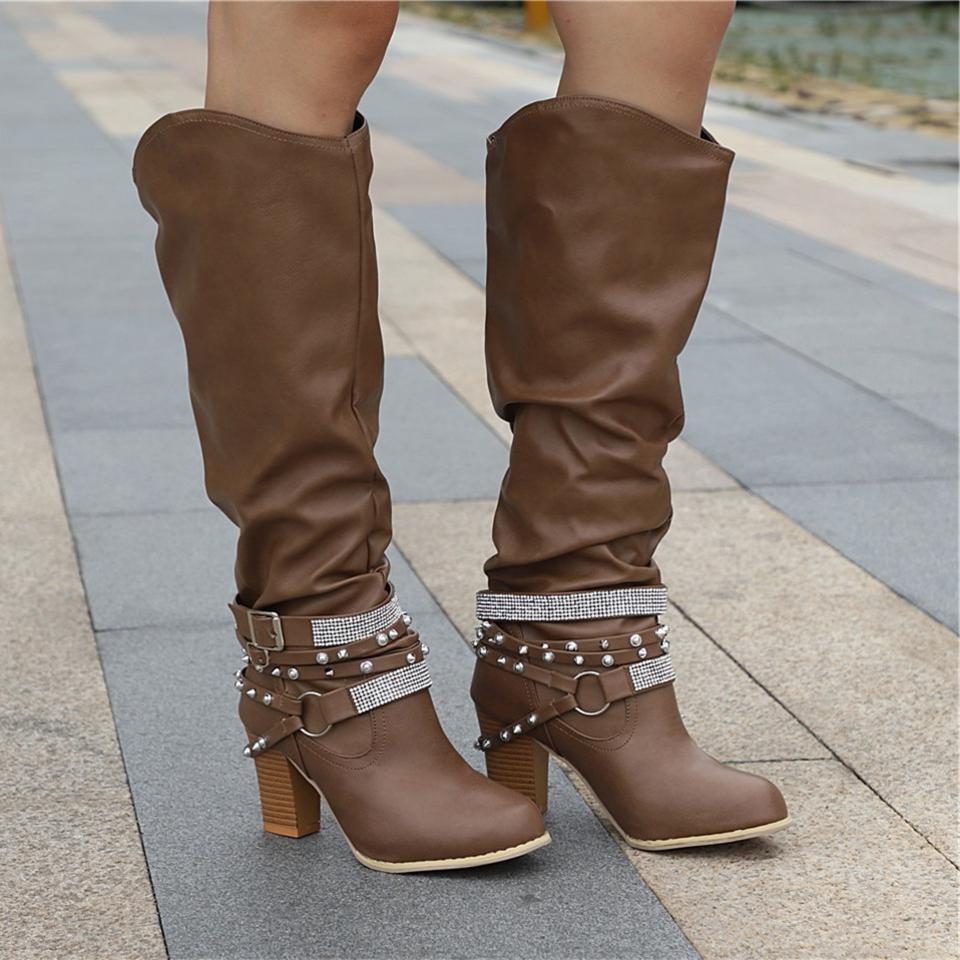 Women's Gathered Leather Slouch Boots with Chain and Stud Straps