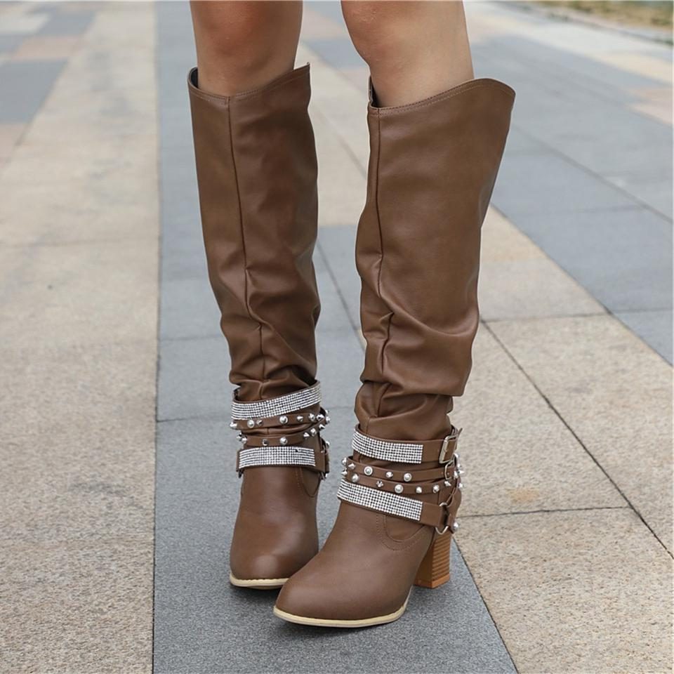 Women's Gathered Leather Slouch Boots with Chain and Stud Straps