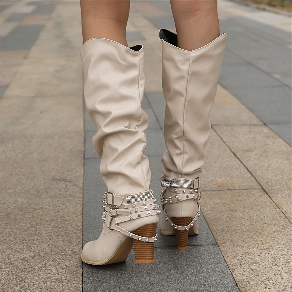 Women's Gathered Leather Slouch Boots with Chain and Stud Straps