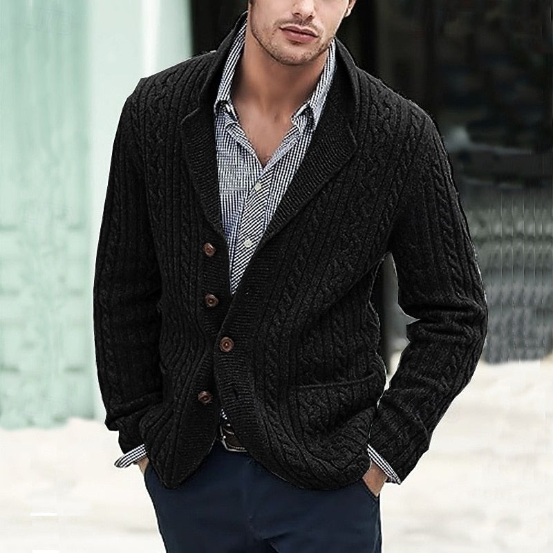 Men's Tailored-Lapel Button Cardigan in Soft Cable Knit - Black