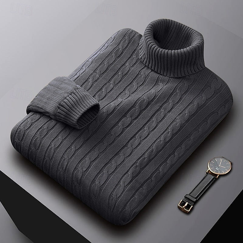 Men's Dense Cable-Knit Turtleneck Sweater with Ribbed Collar - Dark Gray