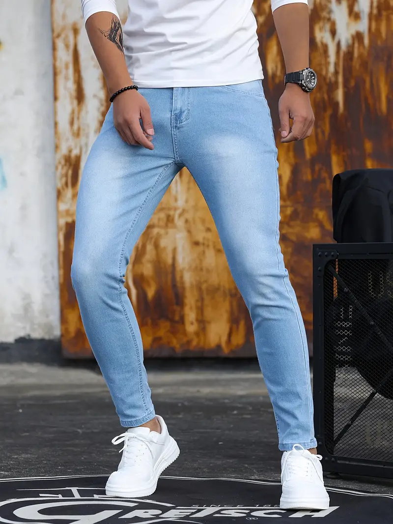 Men's Clean-Finish Slim Denim Jeans with Tapered Leg - Light Blue
