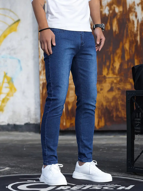 Men's Clean-Finish Slim Denim Jeans with Tapered Leg - Dark Blue