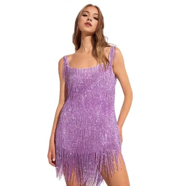 Women's Sleeveless Sparkle Mini Dress with V-Neck and Fringe Hem - Purple