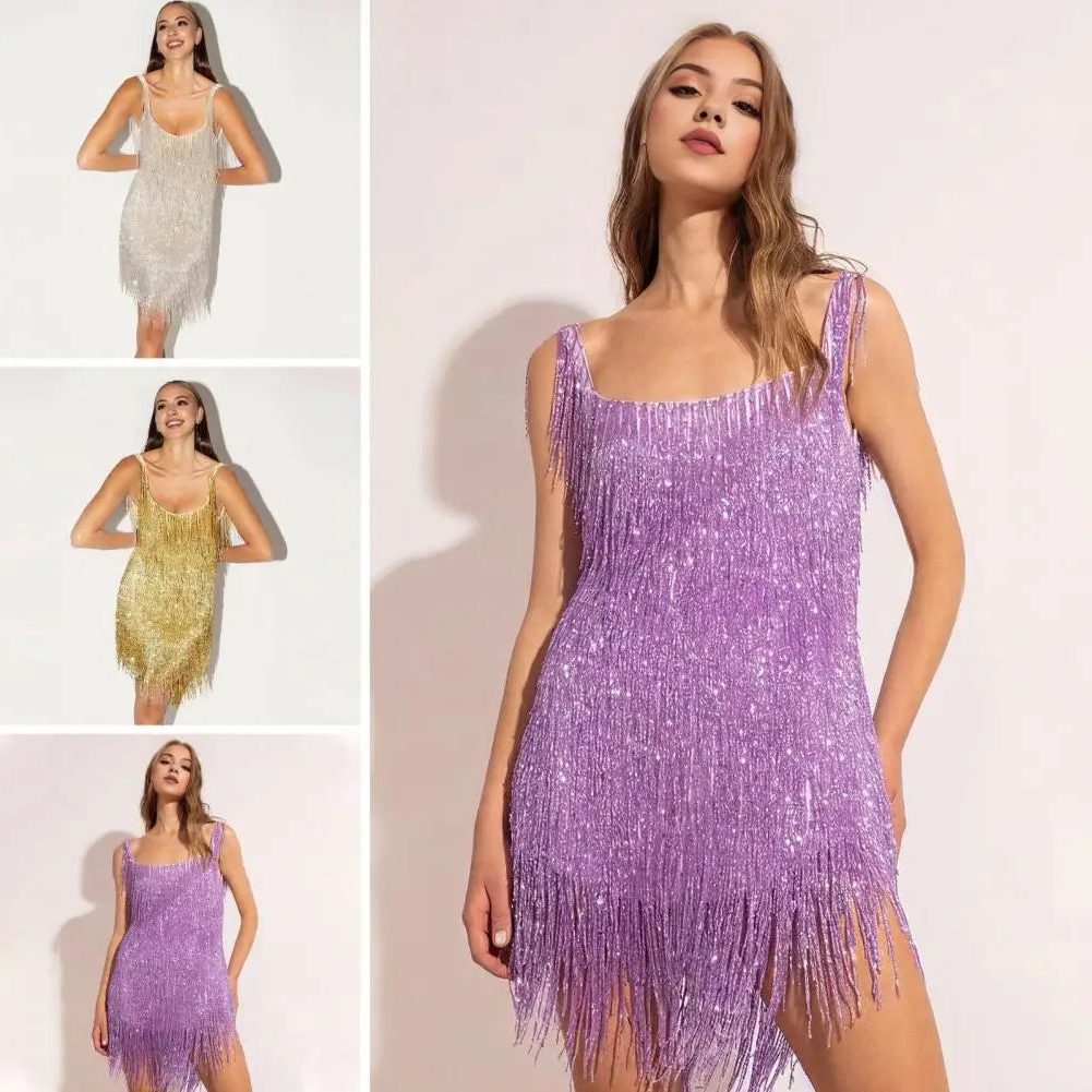Women's Sleeveless Sparkle Mini Dress with V-Neck and Fringe Hem
