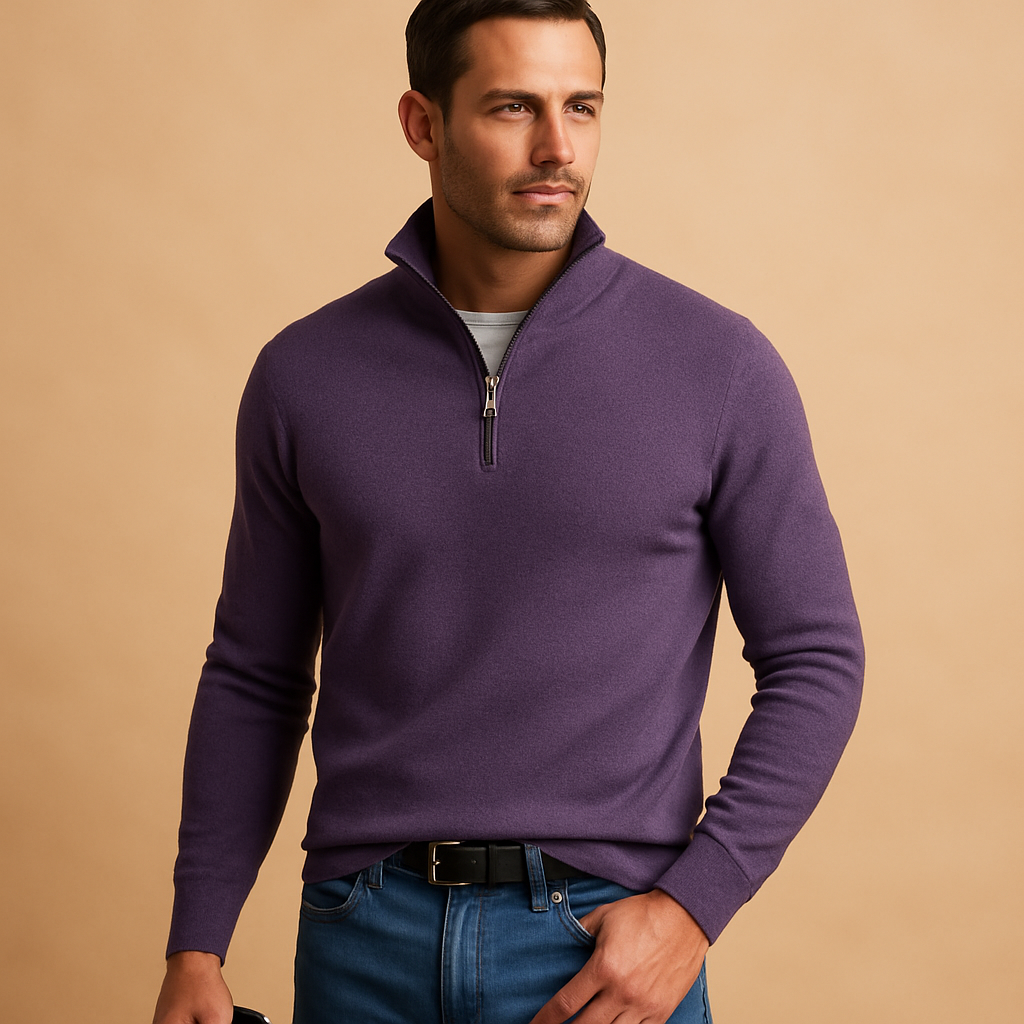 Men's Raised-Collar Quarter-Zip Sweater in Smooth Knit - Purple