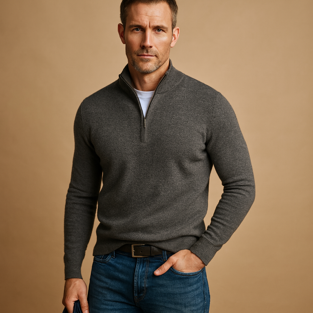 Men's Raised-Collar Quarter-Zip Sweater in Smooth Knit - Gray