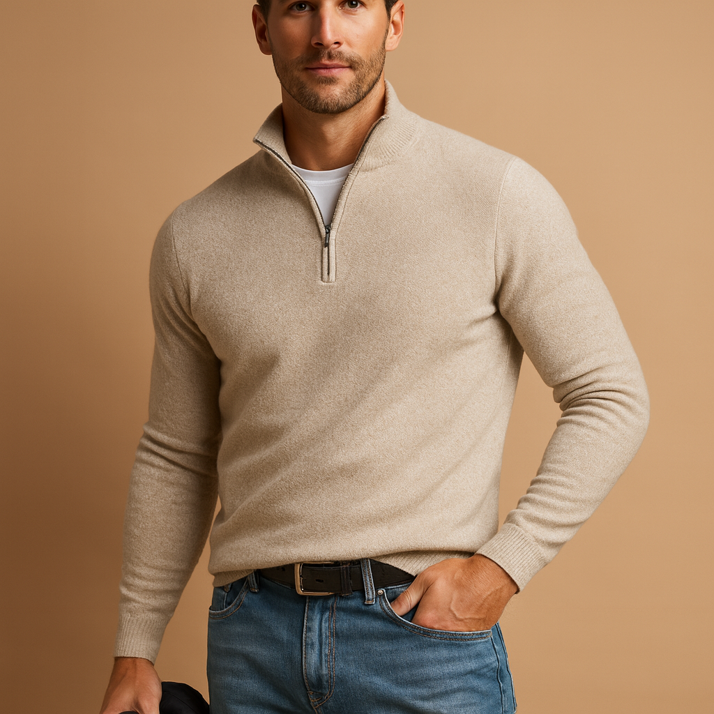 Men's Raised-Collar Quarter-Zip Sweater in Smooth Knit - Beige