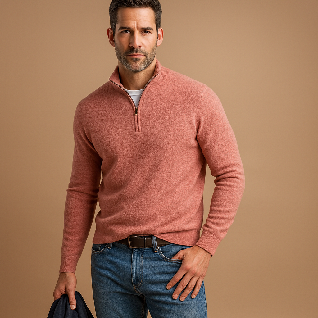 Men's Raised-Collar Quarter-Zip Sweater in Smooth Knit - Pink