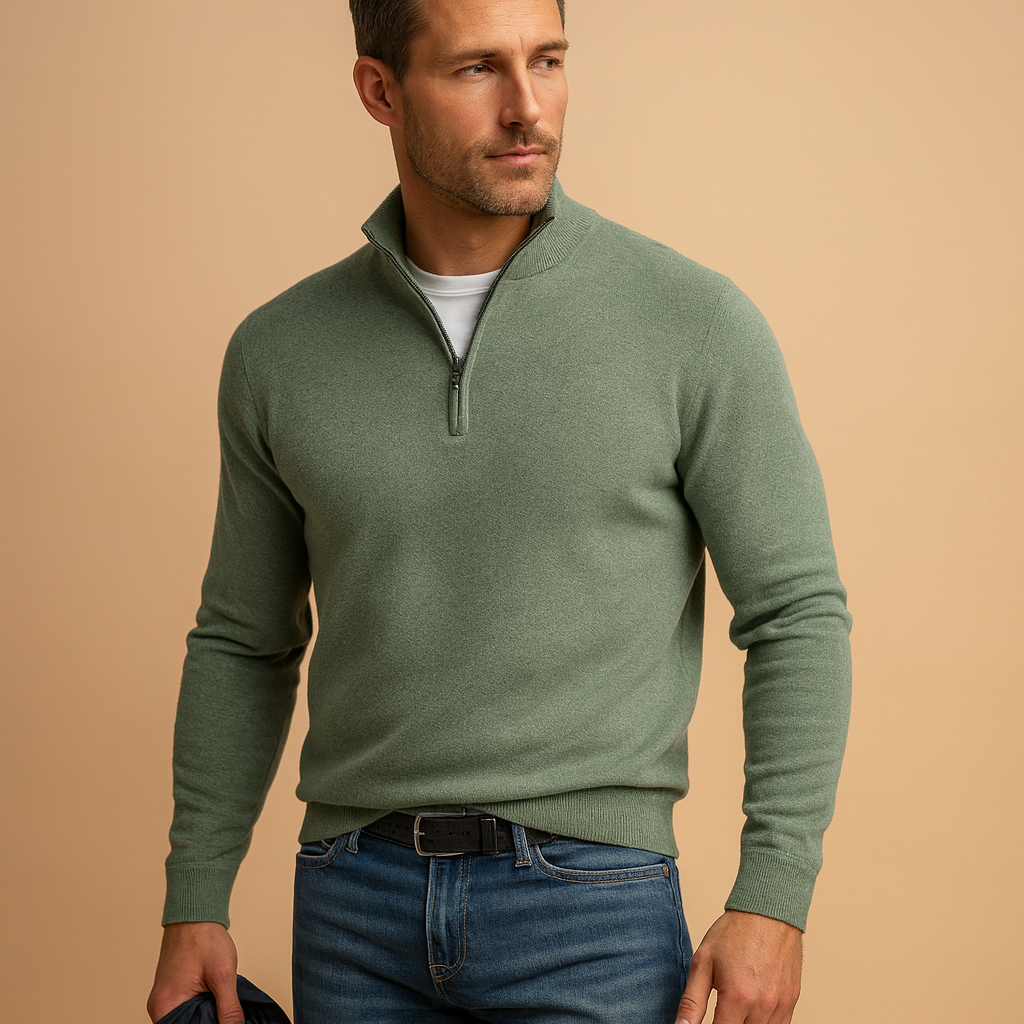 Men's Raised-Collar Quarter-Zip Sweater in Smooth Knit - Sage Green