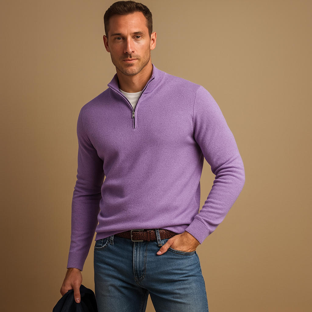 Men's Raised-Collar Quarter-Zip Sweater in Smooth Knit - Light Purple