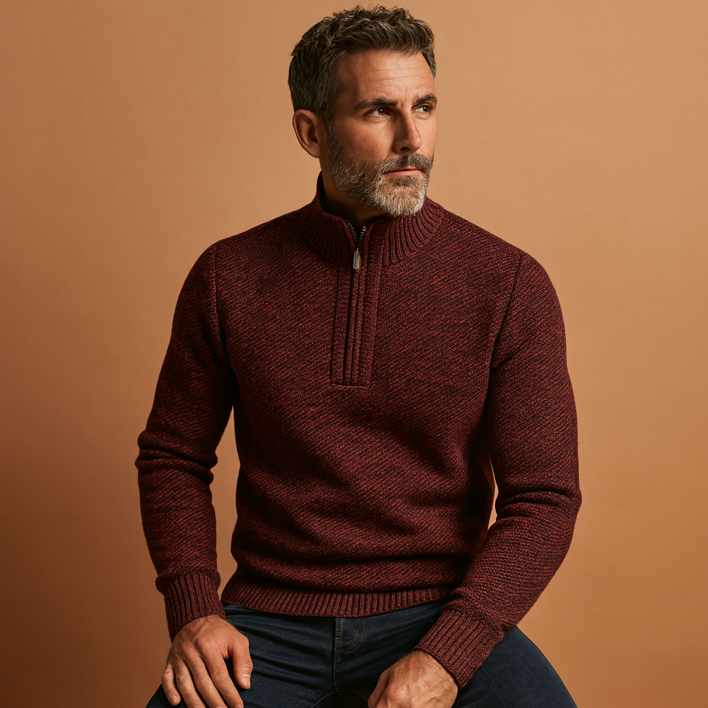 Men's Breathable Quarter-Zip Pullover with Ribbed Stand Collar - Wine Red