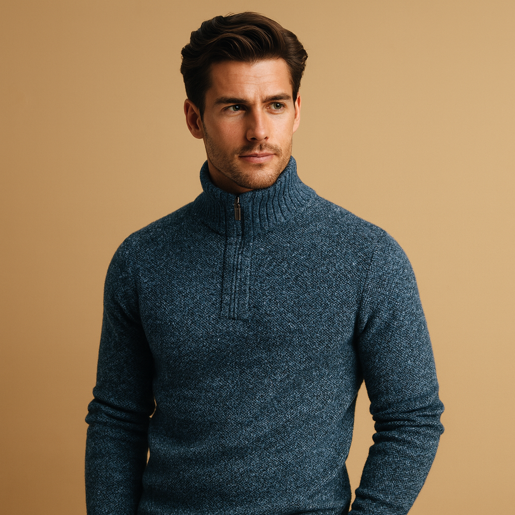 Men's Breathable Quarter-Zip Pullover with Ribbed Stand Collar - Blue