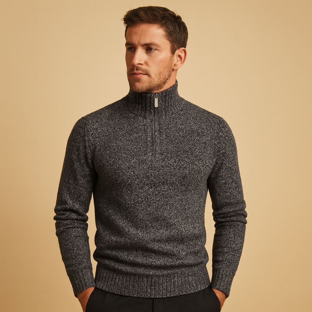 Men's Breathable Quarter-Zip Pullover with Ribbed Stand Collar - Dark Gray