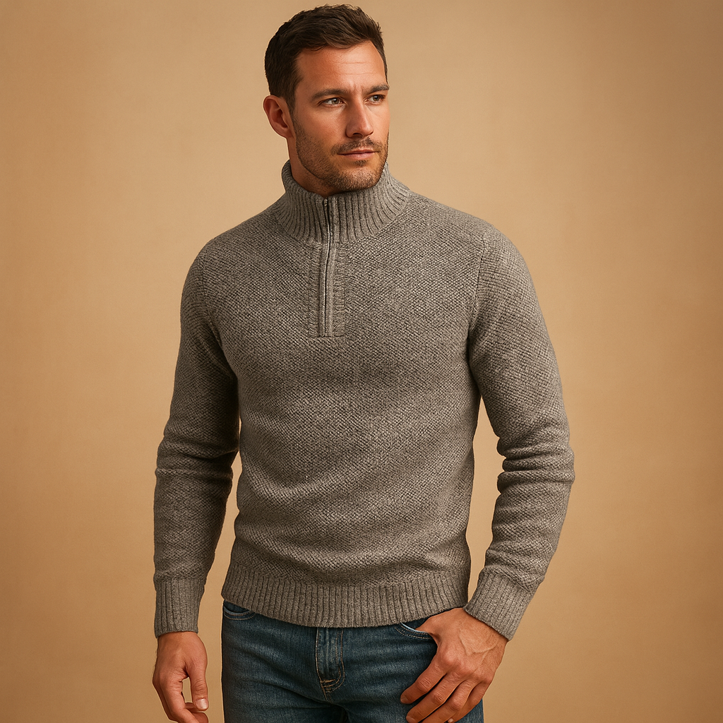 Men's Breathable Quarter-Zip Pullover with Ribbed Stand Collar - Light Gray