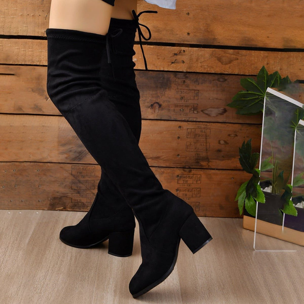 Women's Fitted Suede Over-the-Knee Boots with Rounded Toe