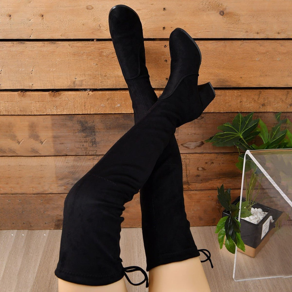 Women's Fitted Suede Over-the-Knee Boots with Rounded Toe