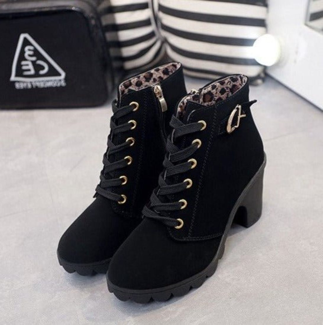 Women's Platform Lug Sole Lace-Up Booties in Suede Finish - Black