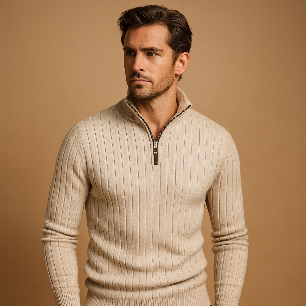 Men's Ribbed Half-Zip Sweater for Office Days and Dinners Out - Beige