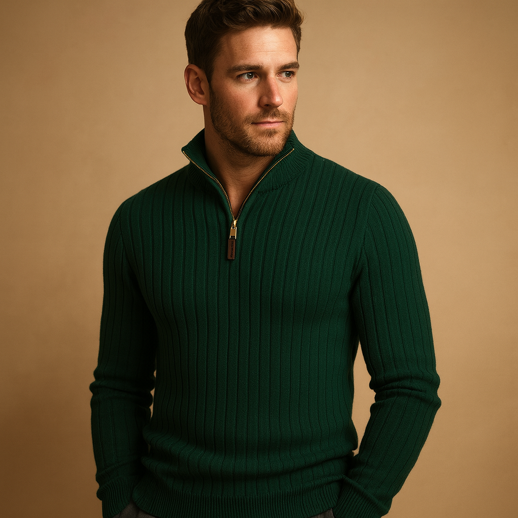 Men's Ribbed Half-Zip Sweater for Office Days and Dinners Out - Dark Green