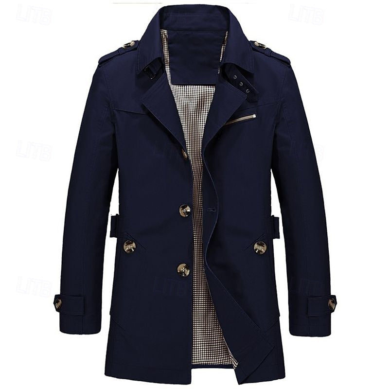 Men's Three-Season Trench Coat with Button Front and Lapel Collar