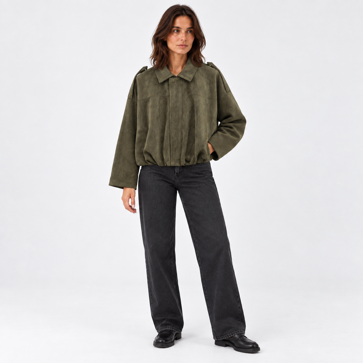 Women's Wide-Sleeve Oversized Bomber Jacket with Suede-Look Finish - Olive Green