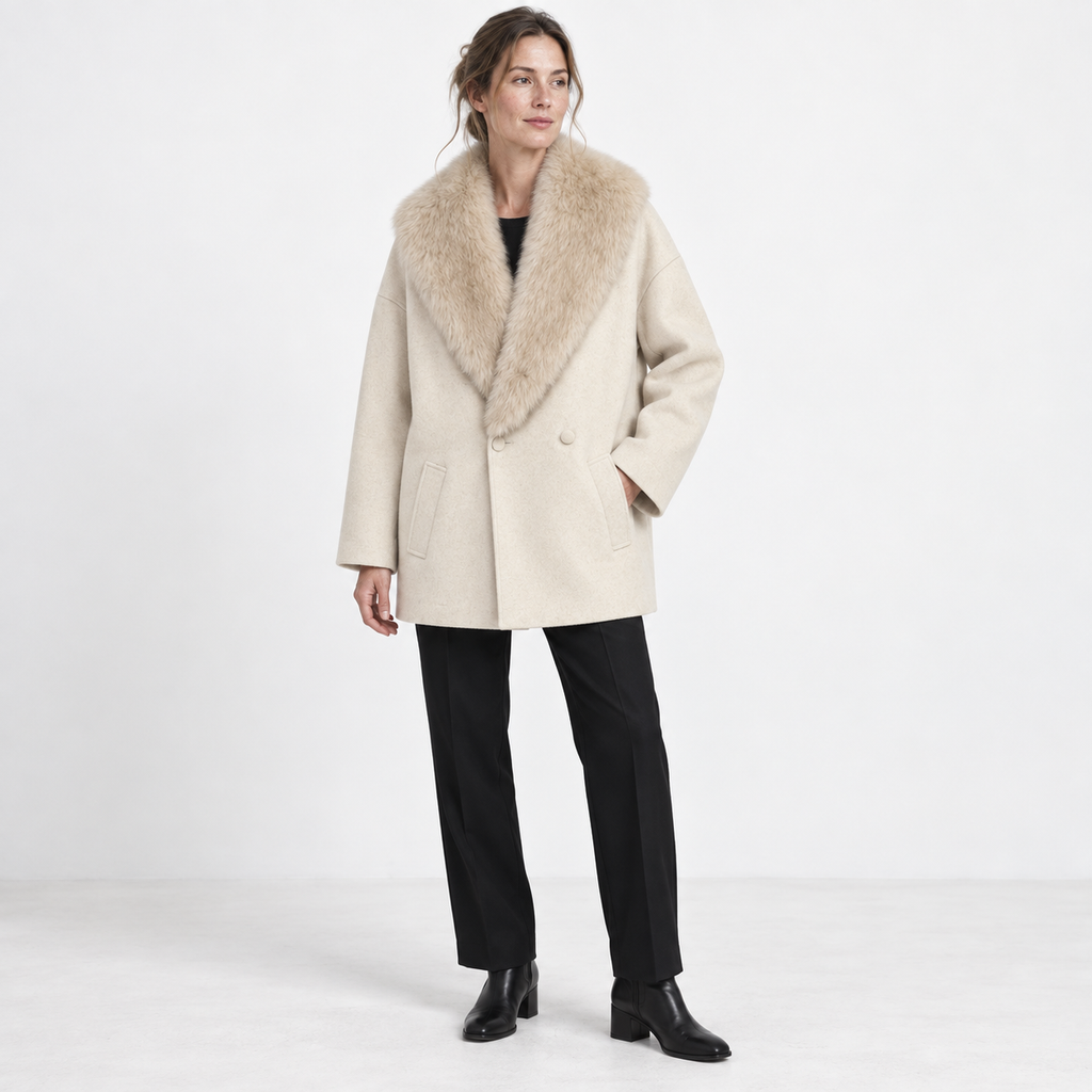 Women's Relaxed Double-Breasted Dress Coat with Faux Fur Shawl Collar - Cream
