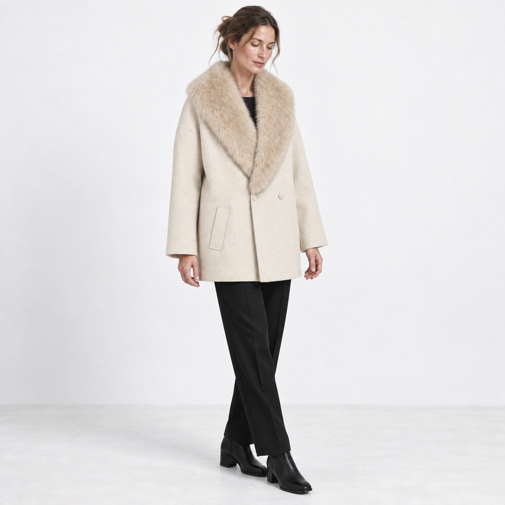 Women's Relaxed Double-Breasted Dress Coat with Faux Fur Shawl Collar