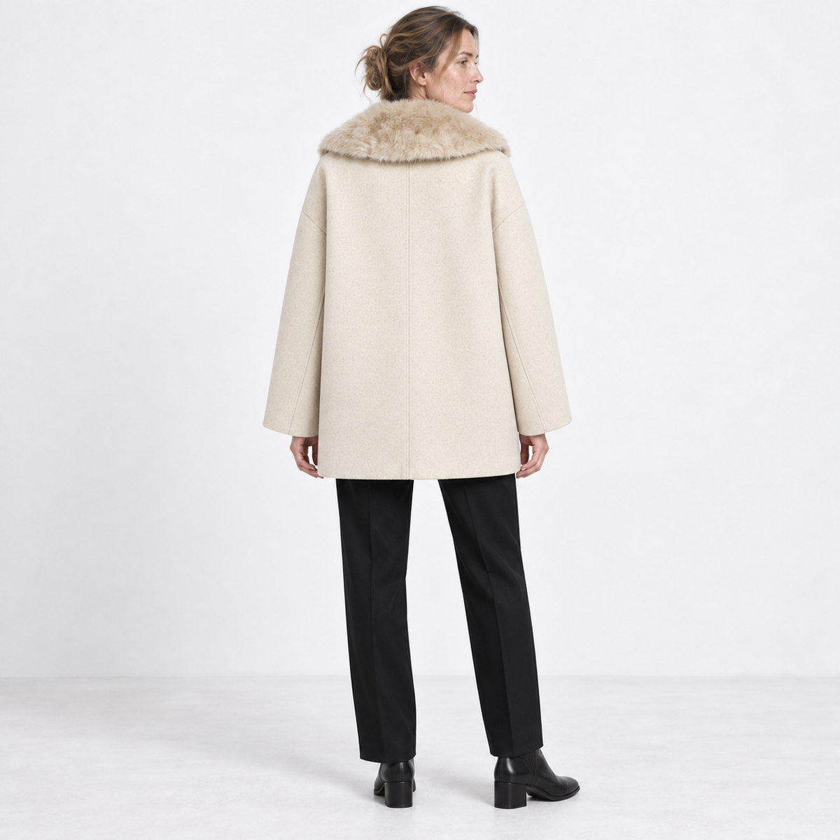 Women's Relaxed Double-Breasted Dress Coat with Faux Fur Shawl Collar