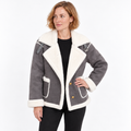 Women's Faux Suede Jacket with Shearling-Style Edging and Buckle Tabs - Gray