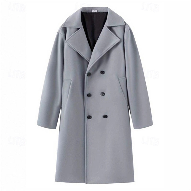 Men's Sharp-Lapel Tailored Overcoat with Double-Breasted Closure
