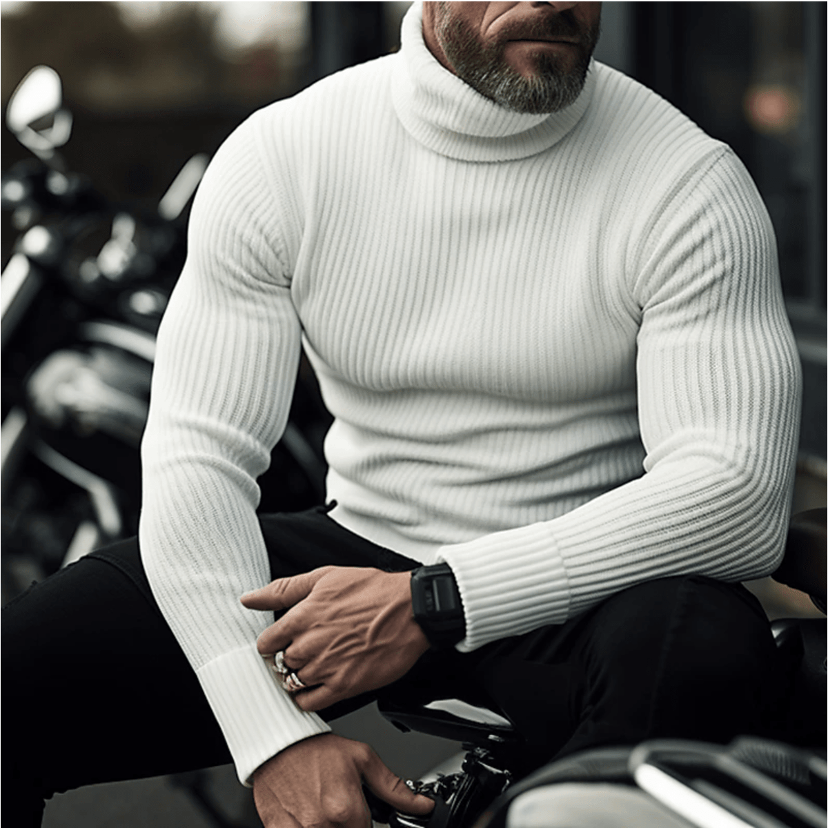 Men's Streamlined Fine-Rib Roll-Neck Sweater - White
