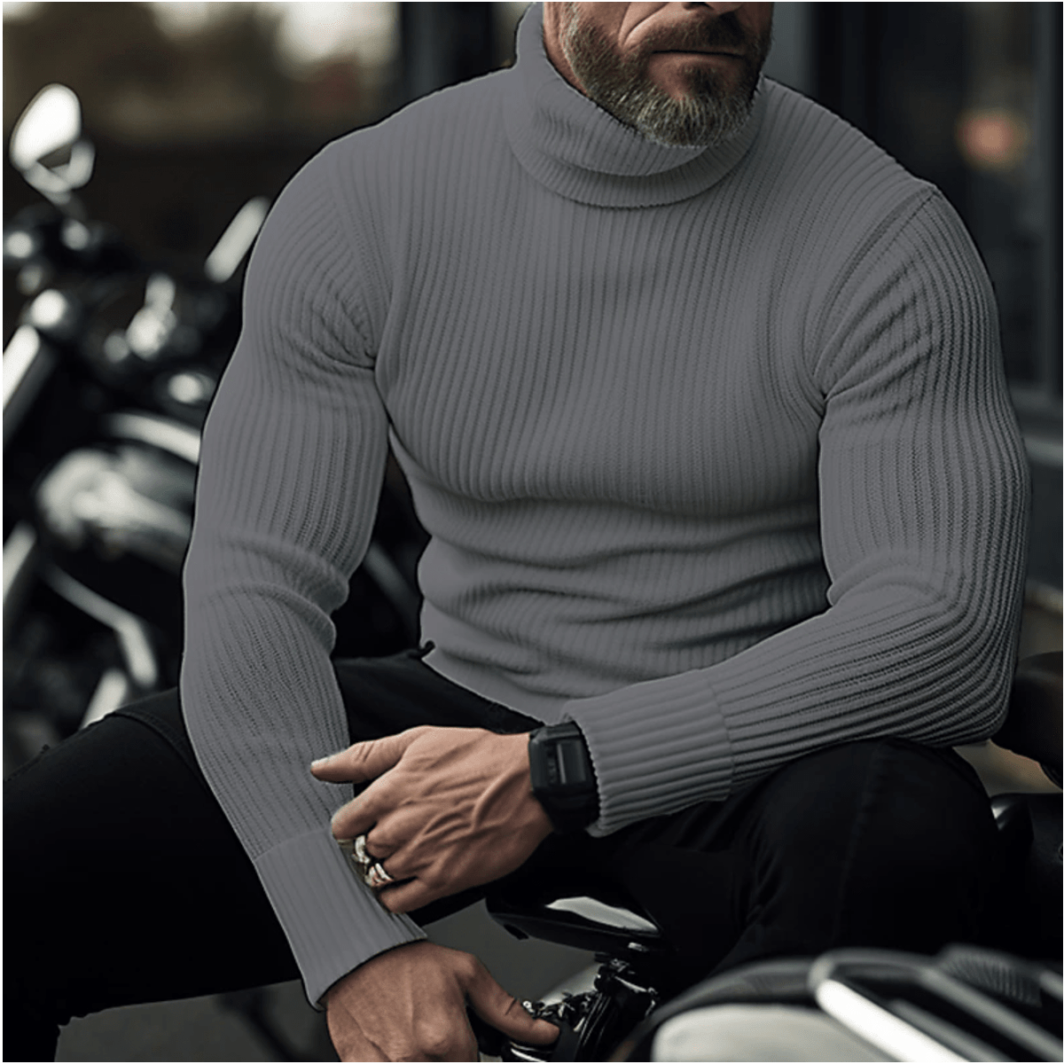 Men's Streamlined Fine-Rib Roll-Neck Sweater - Dark Gray