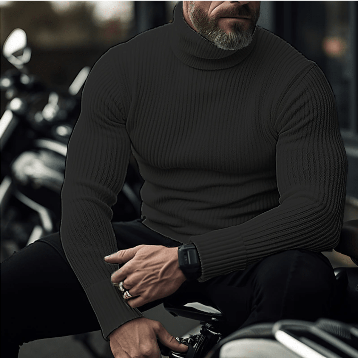 Men's Streamlined Fine-Rib Roll-Neck Sweater - Black
