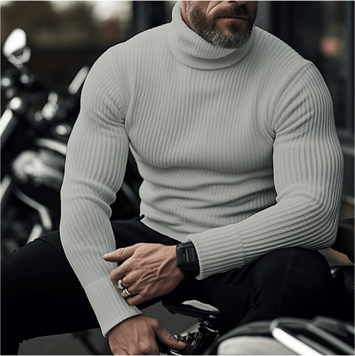 Men's Streamlined Fine-Rib Roll-Neck Sweater - Gray
