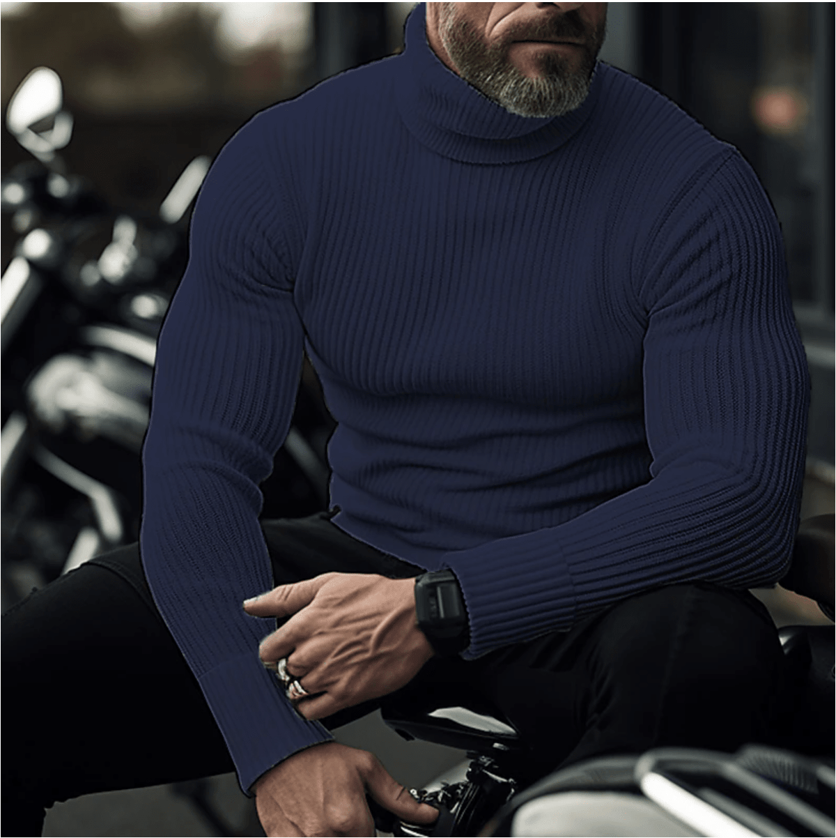 Men's Streamlined Fine-Rib Roll-Neck Sweater - Navy Blue