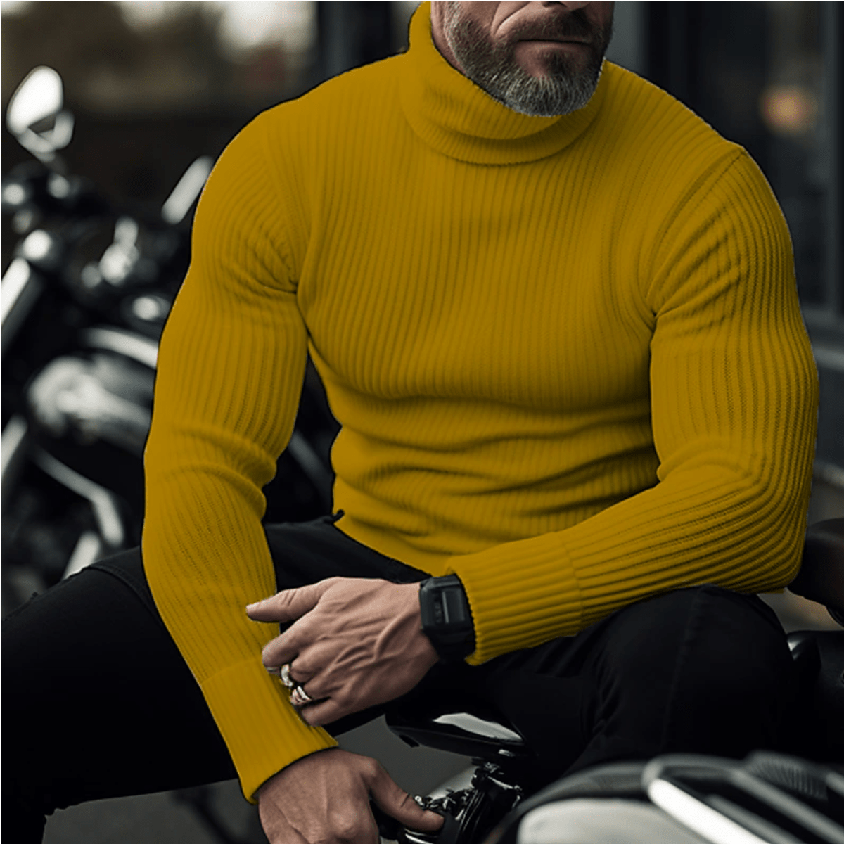 Men's Streamlined Fine-Rib Roll-Neck Sweater - Mustard Yellow