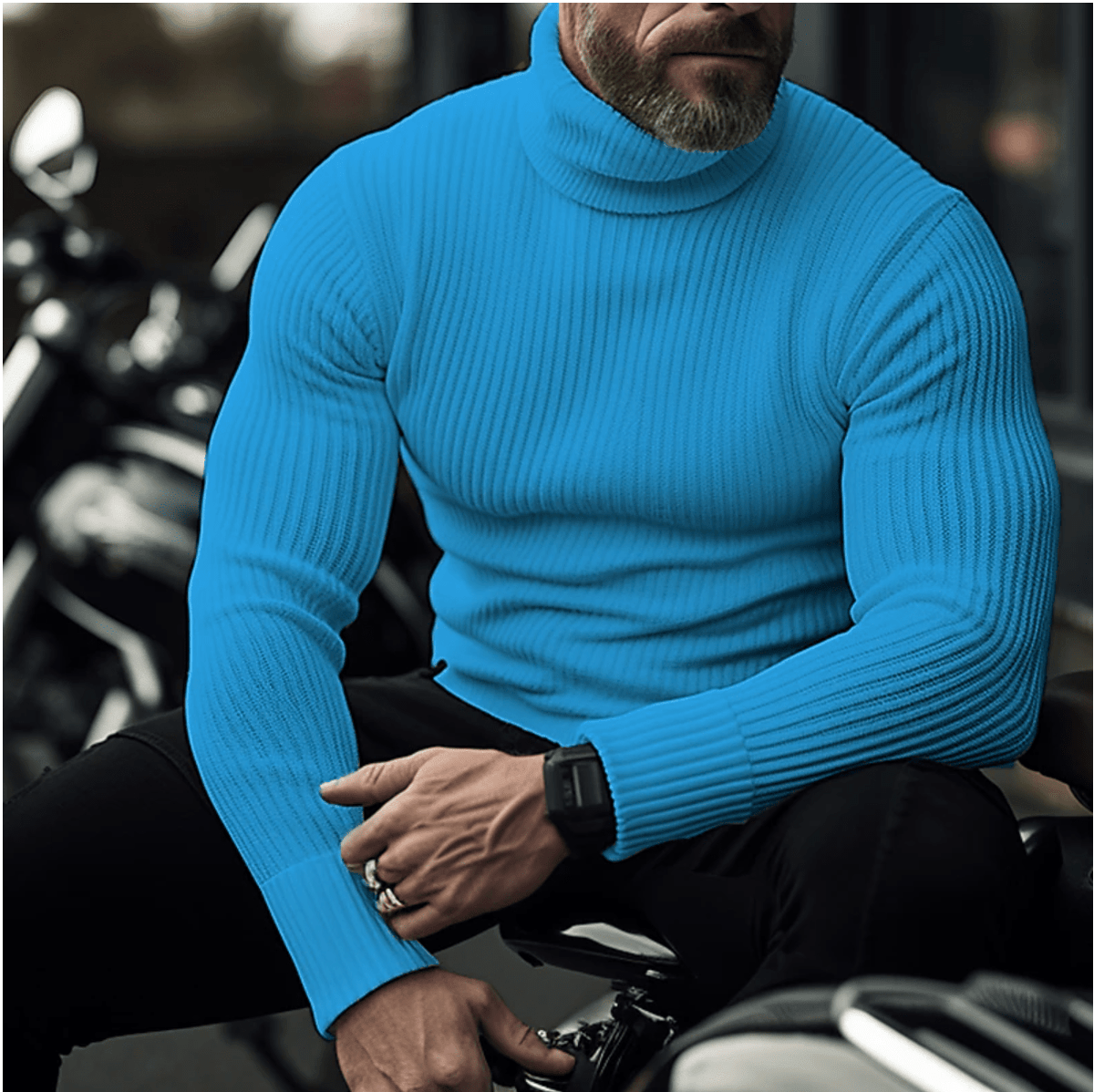 Men's Streamlined Fine-Rib Roll-Neck Sweater - Blue